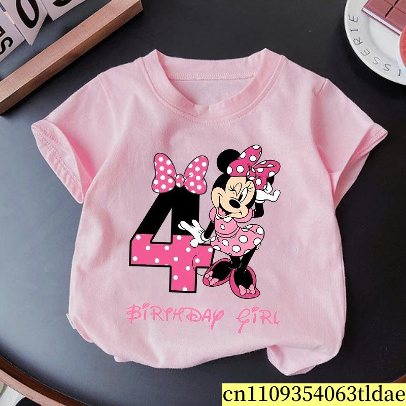 Minnie Mouse Girl Number T Shirt Pink Birthday Party Clothes Cartoon Toddler Cotton Tops Cute Short Sleeve Tees Kids Gift