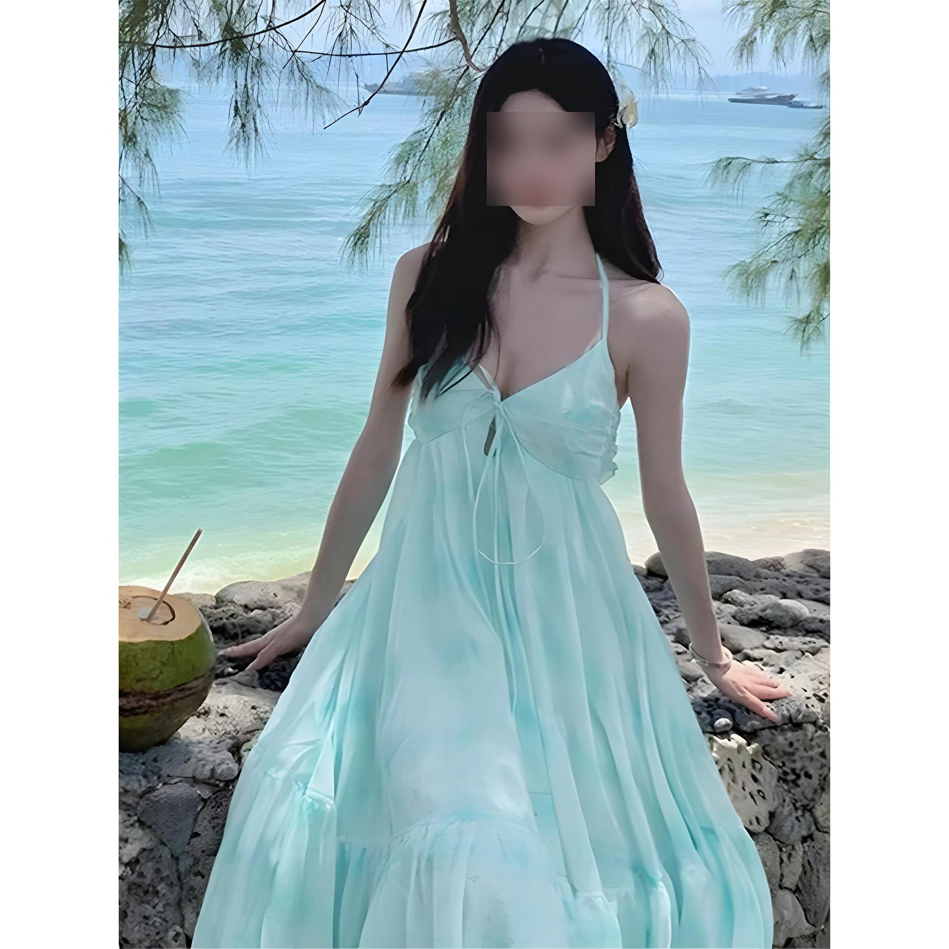 

Дорожное платье цвета тени зелени с открытой спиной, на бретелях через шею, с нагрудными вкладышами, женское летнее платье для отпуска на морском побережье Саньи, пляжное платье, супер фея XL- (recommended 110-60kg)