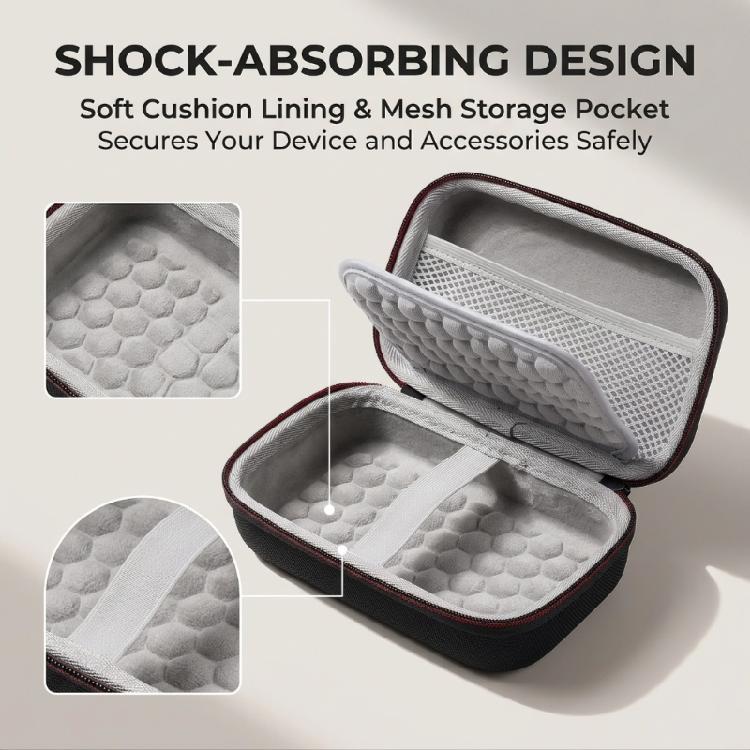 Lid Compartment Portable Photo Printer Box with Interior Device Retainer, Padded Panel, Black Exterior, Hand Carry Grip and Separate Accessory Storage
