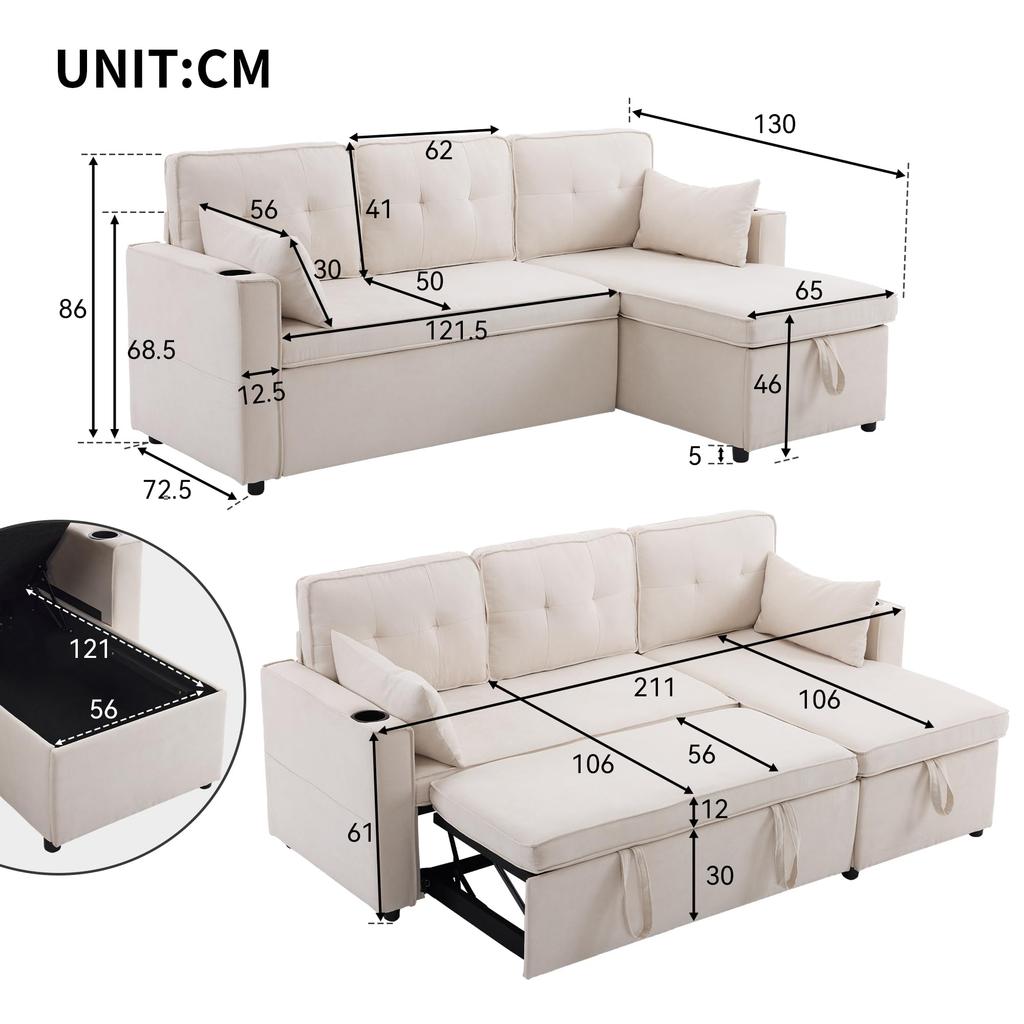Corner Sofa with Sleep Function: Sofa Bed with Storage, Sleeper Sofa Storage, Cup Holders, Side Pockets, L-shaped, Beige