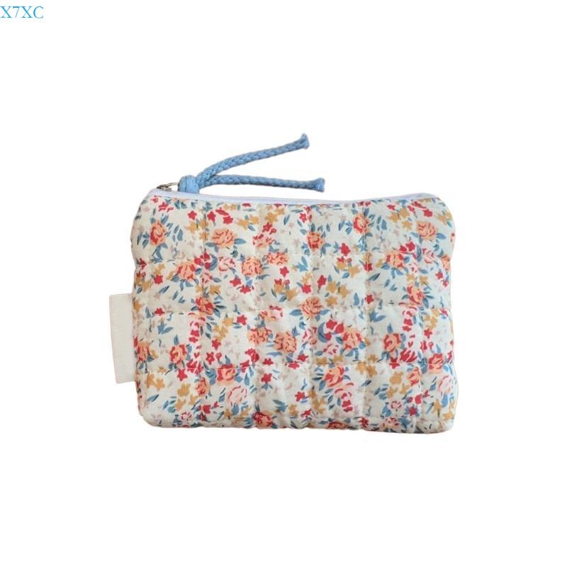

X7XC Quilted Makeup Bag Cotton Coin Purse Flower Pattern Portable Storage Bag Change Pocket for Women Girls червоний