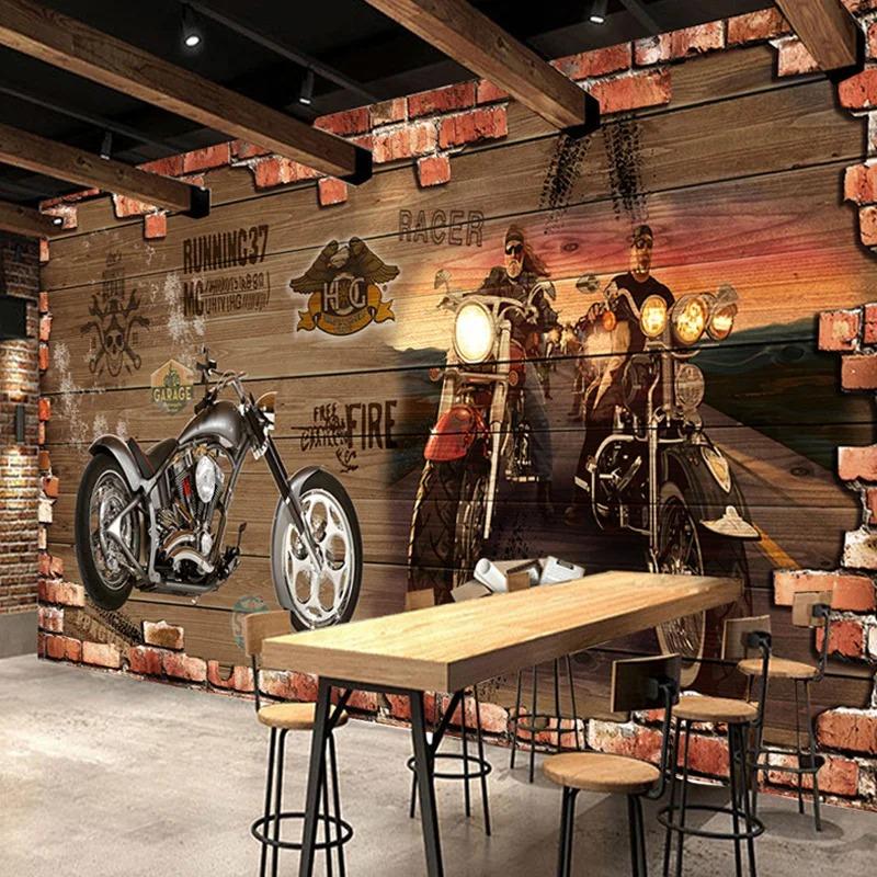 Retro Motocykl Cihlová Tapeta Restaurace Kavárna Kreativní 3D Nástěnná Dekorace Obývací Pokoj Ložnice Domácí Dekor