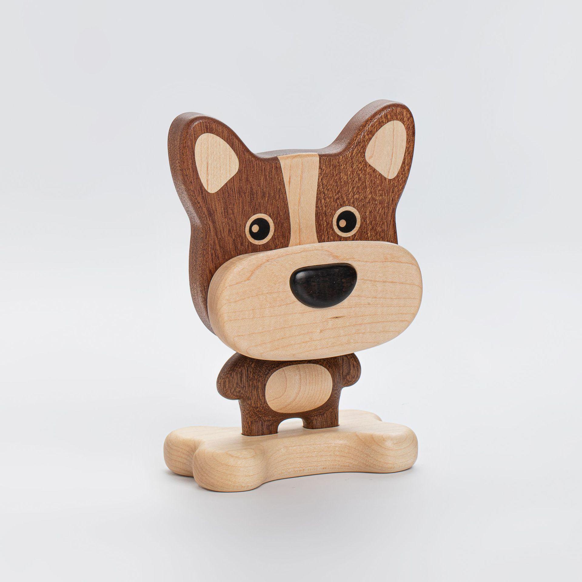 

Solid Wood Puppy Glasses & Phone Stand – Black Walnut Decorative Ornament