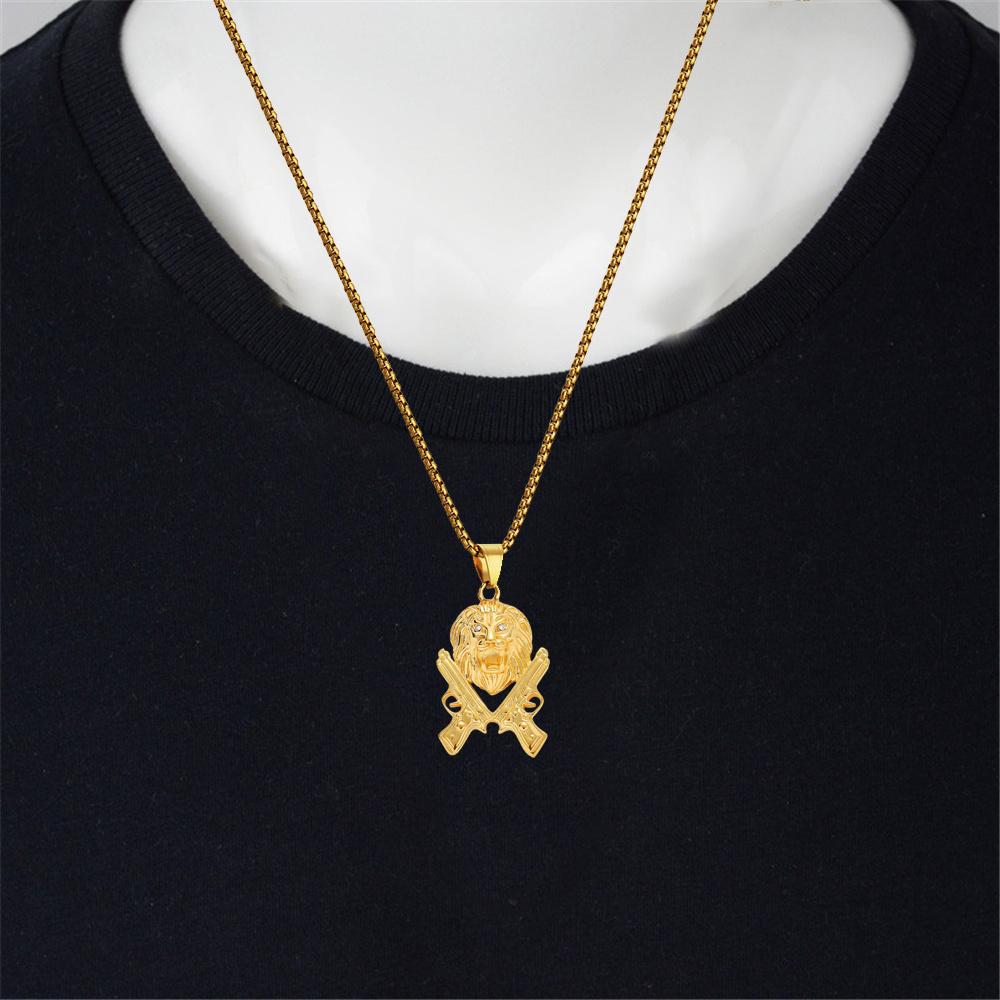 Punk Gun Lion Head Pendant Gold Color Stainless Steel Rapper Animal Necklace For Men Cool  Party Jewelry Male Gift 2025