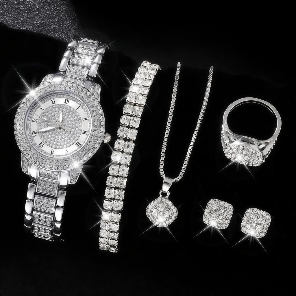 Ladies Cornucopia Diamond Watch Set, Popular 5pcs Bracelet Accessories Fashion Quartz European Beautiful Women Watch Set