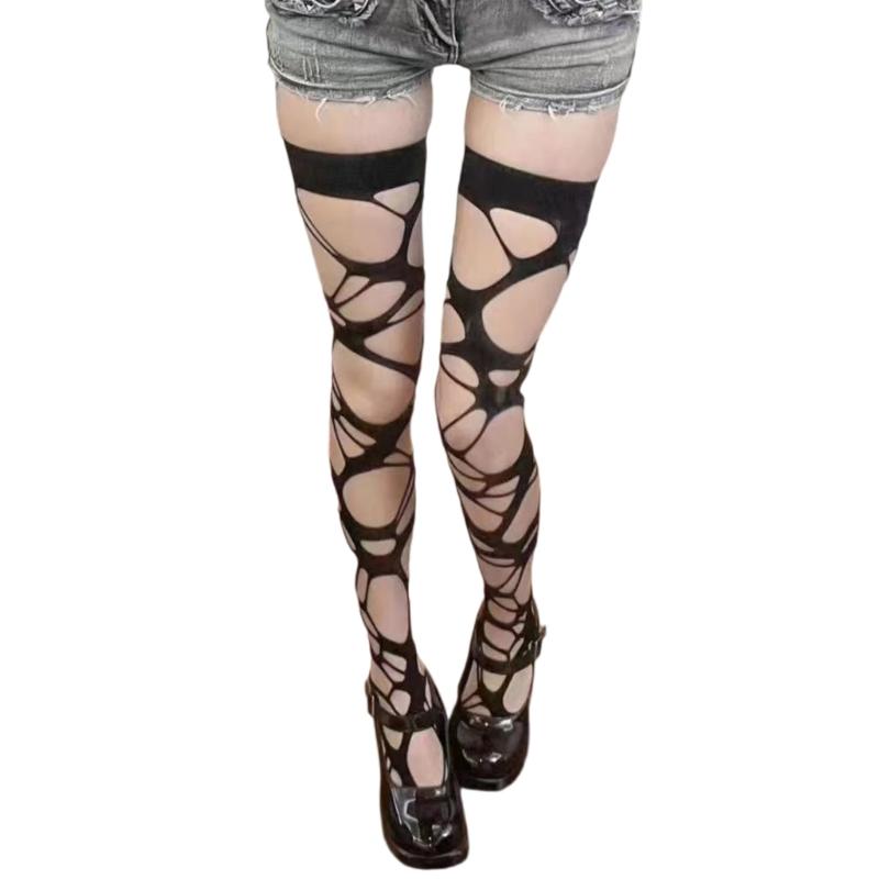 Women Fishnet Stockings Tattered Thigh High Socks Mesh Net Over the Knee Socks Distressed Thigh High Stockings Hosiery чёрный