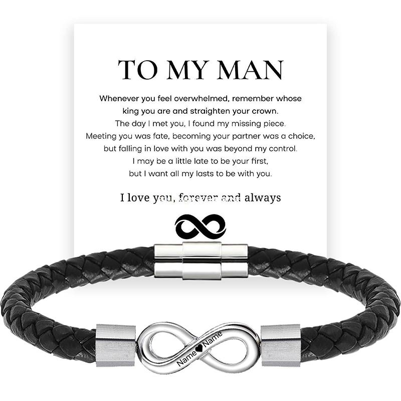 Gift For Men Infinity Bracelet Braided Leather Forever Linked Together Stainless Steel Engraved With Love You Forever Jewelry