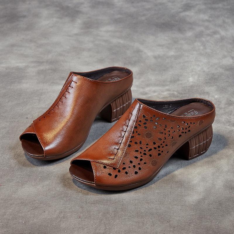 Retro summer new women's shoes first layer cowhide slippers thick heel soft sole sandals female mother wearing breathable high heels