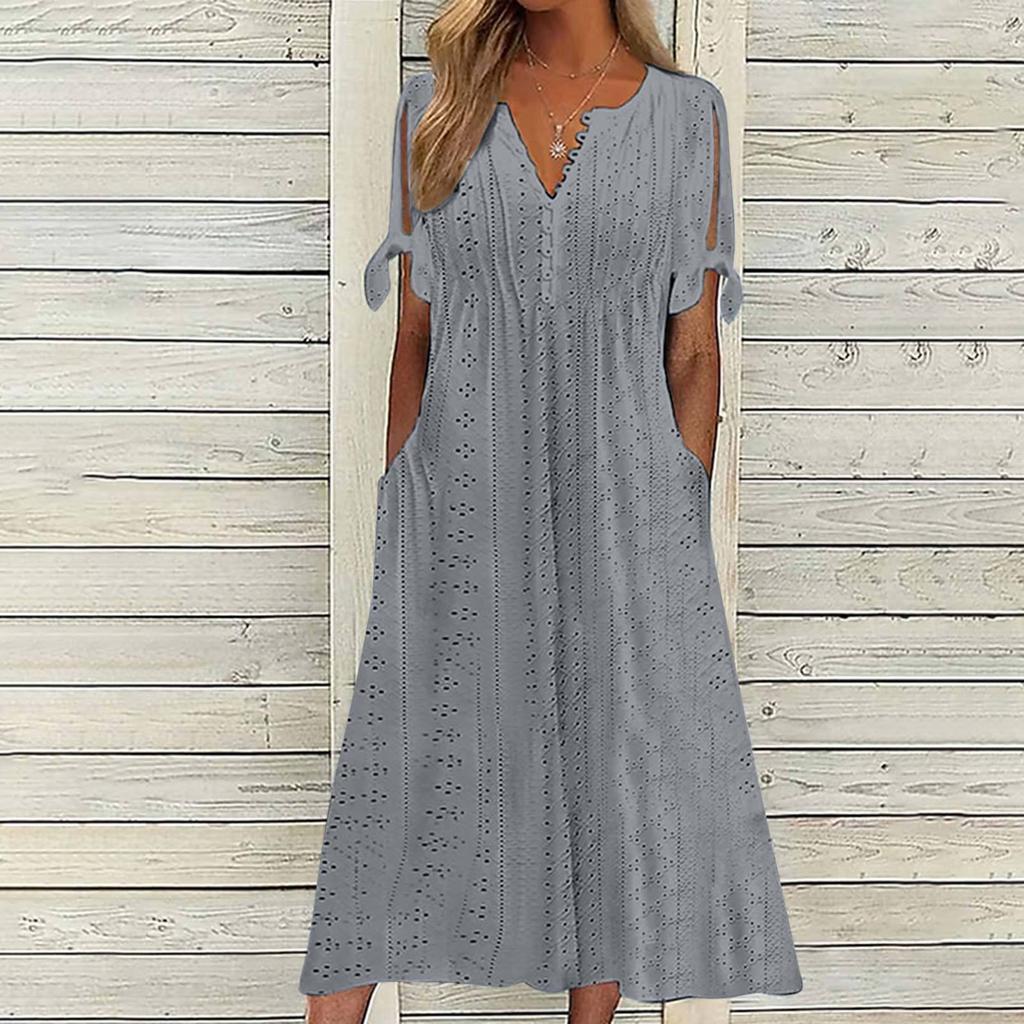 Dames Eyelet Koude Schouder Midi Jurk Korte Mouw Zomer V-Hals Knopen Los Casual A-lijn Jurk met Zakken