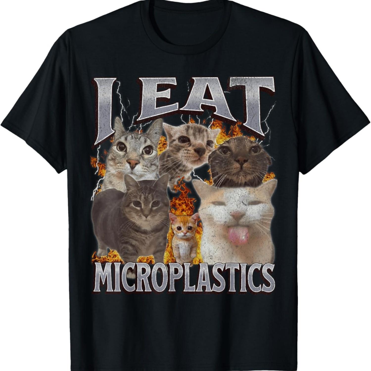 I Eat Microplastics Funny Cat Meme Bootleg Graphic T-Shirt for Men Women S чёрный