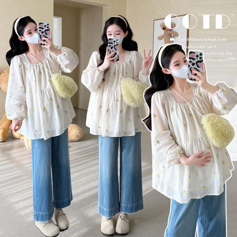 2026 Spring Korean Maternity Doll Shirt with Floral Embroidery Trend XL