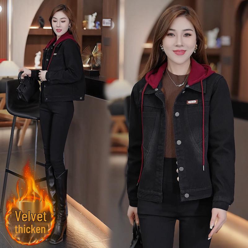 Women's Thick Velvet Hooded Denim Jacket - Autumn/Winter 2025 Chic Casual Top