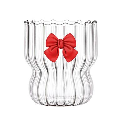 Vaso de Vidrio Rayado Vertical con Decoración de Lazo Lindo Vaso para Café Cóctel Jugo Agua Té