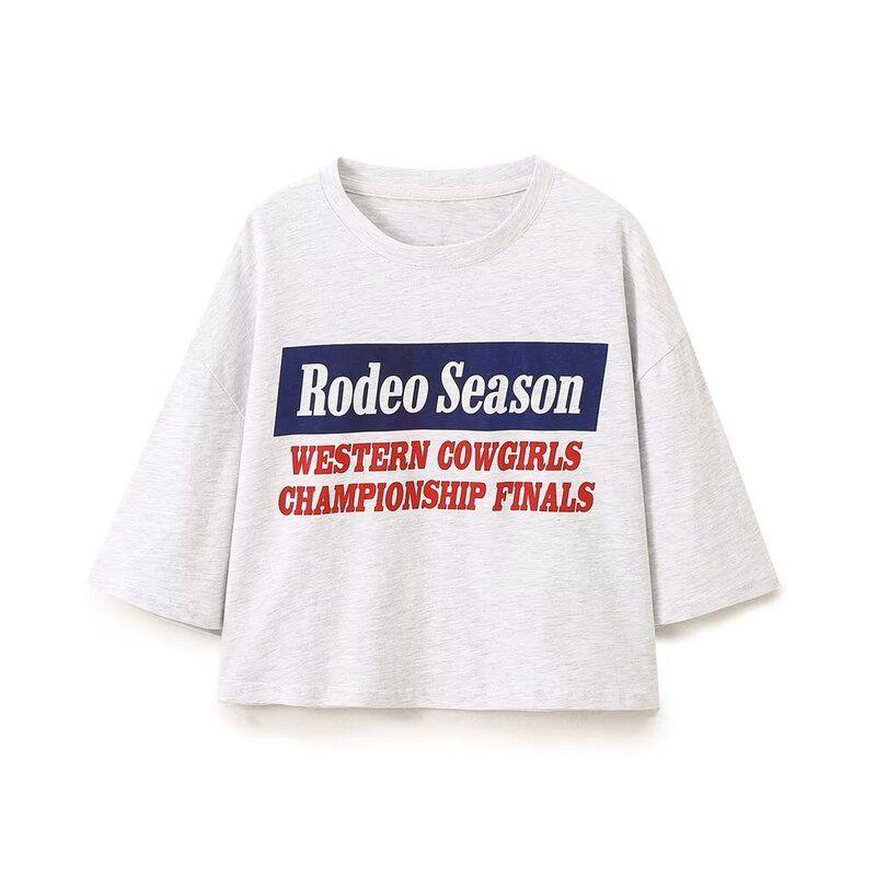 Fashion Style 2024 Autumn New Women's Cotton Slogan Print White Short Sleeve Round Neck T-shirt 0264811