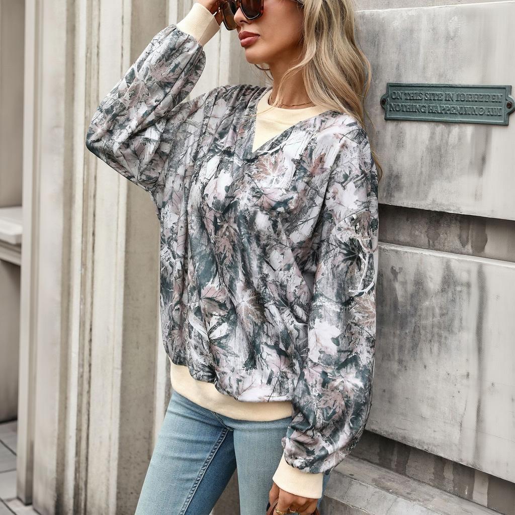 Damen Casual Langarm Sweatshirt mit Blattmuster, Rundhalsausschnitt und Lockerer Passform