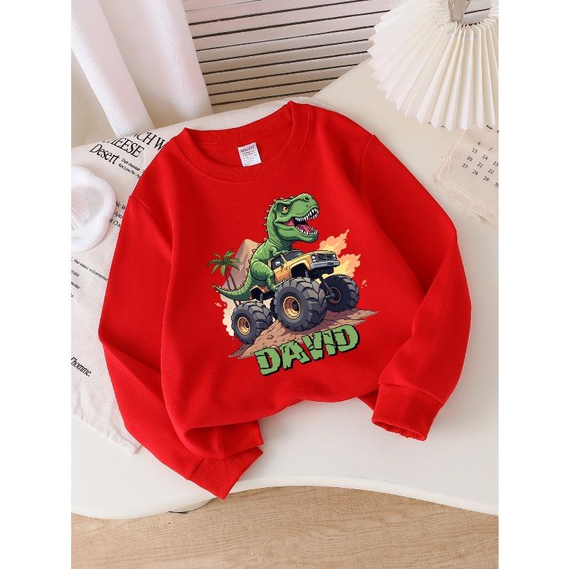 David'S Dinosaur Monster Truck Adventure Sweatshirt for Girls Features A Crew Neck Design, Perfect for Autumn and Winter.