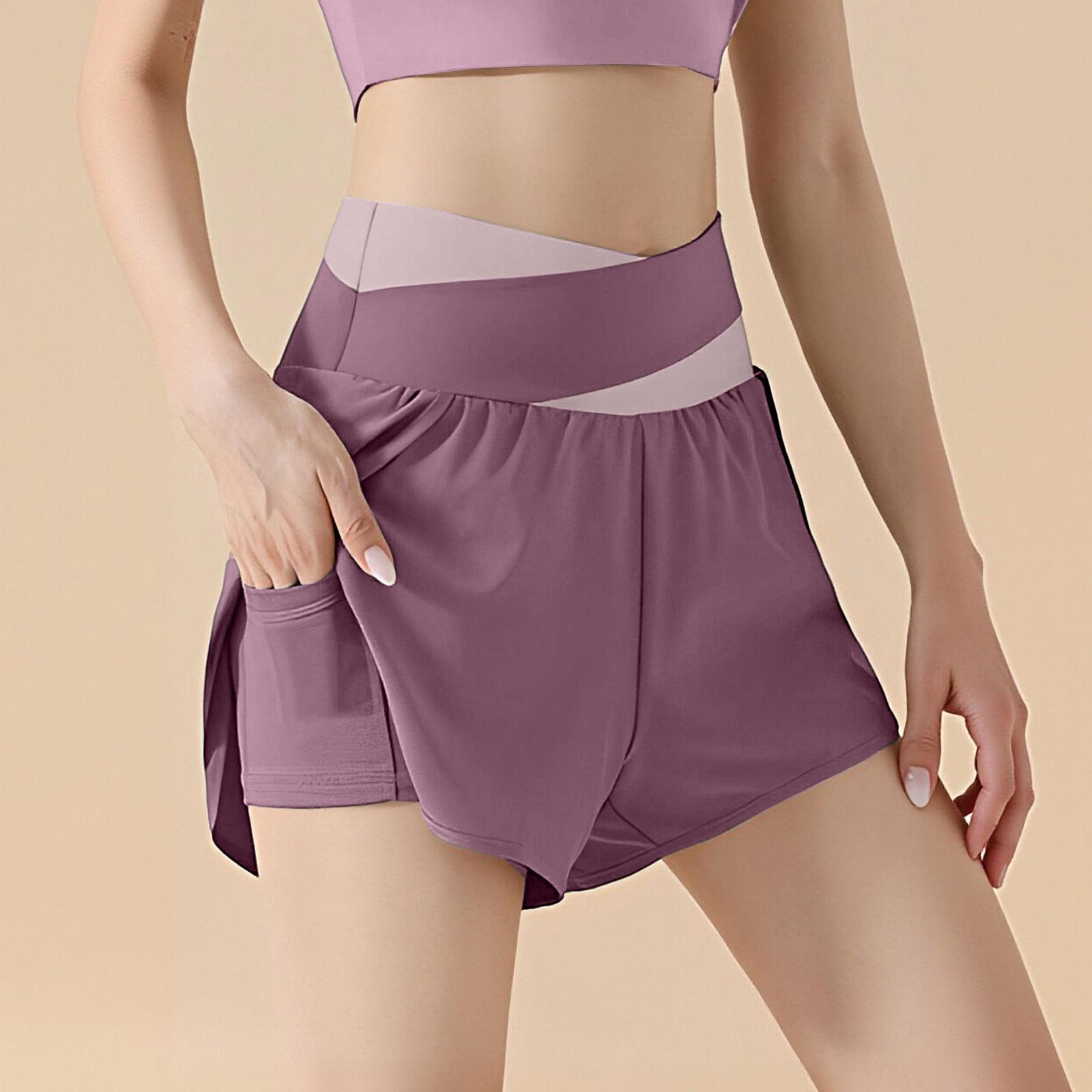 

Women s Color-block Fake Two-piece High Waist Hip-lift Sports Shorts - Inner Pocket Loose Running Fitness Yoga Shorts XL фіолетовий