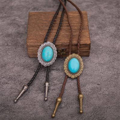 Men's Rodeos Bolo Tie with Turquoises Pendant Braided Leather Cord Adjustable Chain Necktie Western Jewelry Necklace