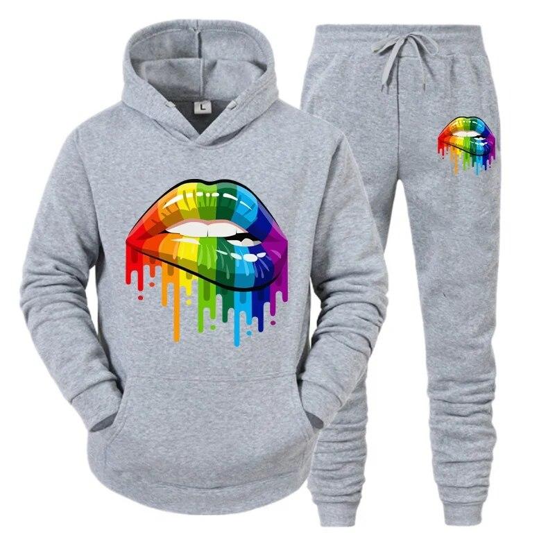 Autumn Winter Womens Hoodie + Sweatpants 2-piece Sweat Suits Hooded Jogging Sports Suits Fashion Colored Lip Printed Track Suits