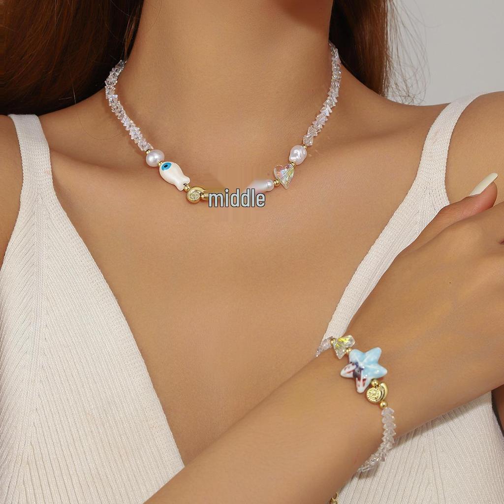 Set Collana e Bracciale Stella Marina in Cristallo per Vacanze al Mare Europeo-Americano