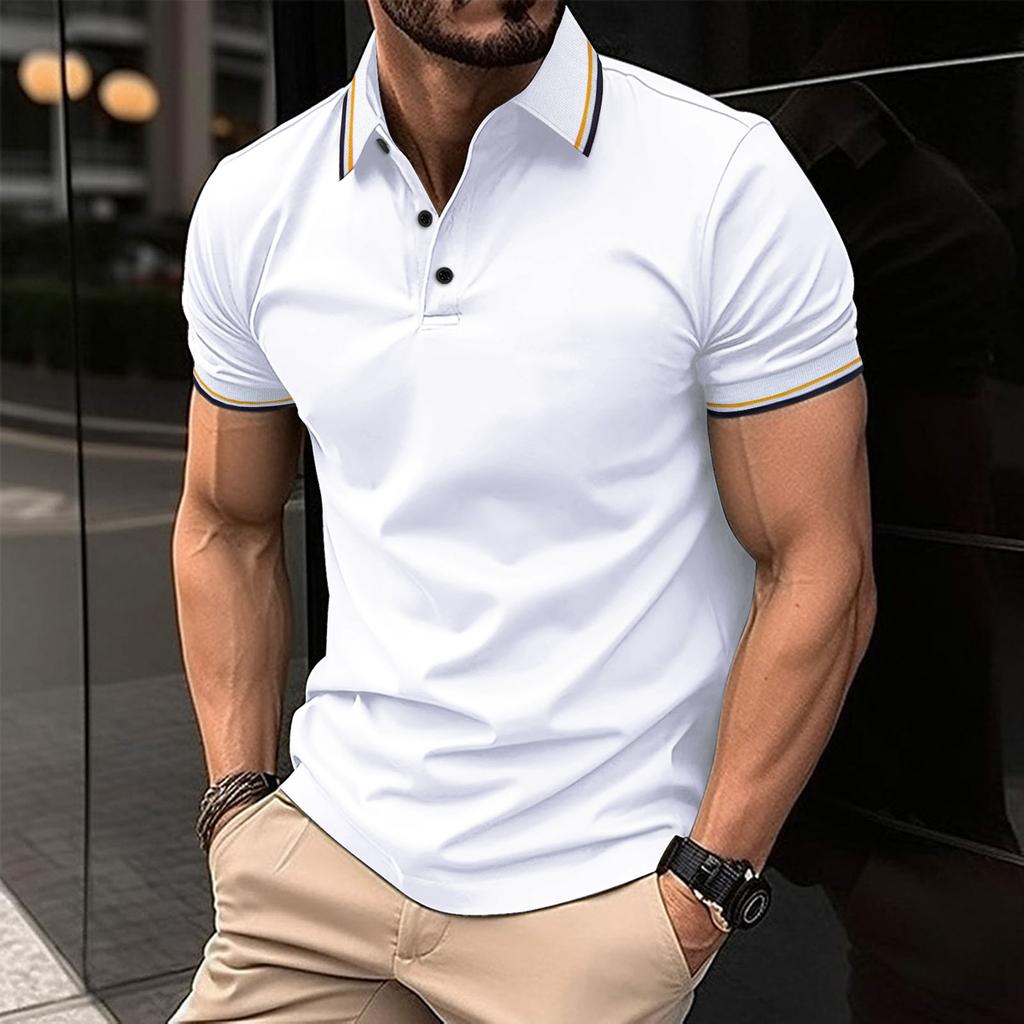 Summer Men's Striped Collar Polos Casual Tops Sports Solid Color Short Sleeve Polo Shirt