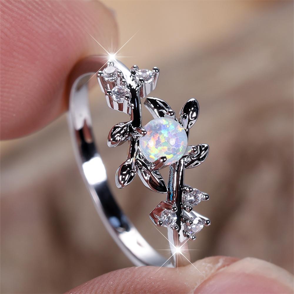 Small Round Stone White Opal Tree Branches Leaf Thin Rings For Women Vintage Silver Color Wedding Bands Birthstone Jewelry Gifts