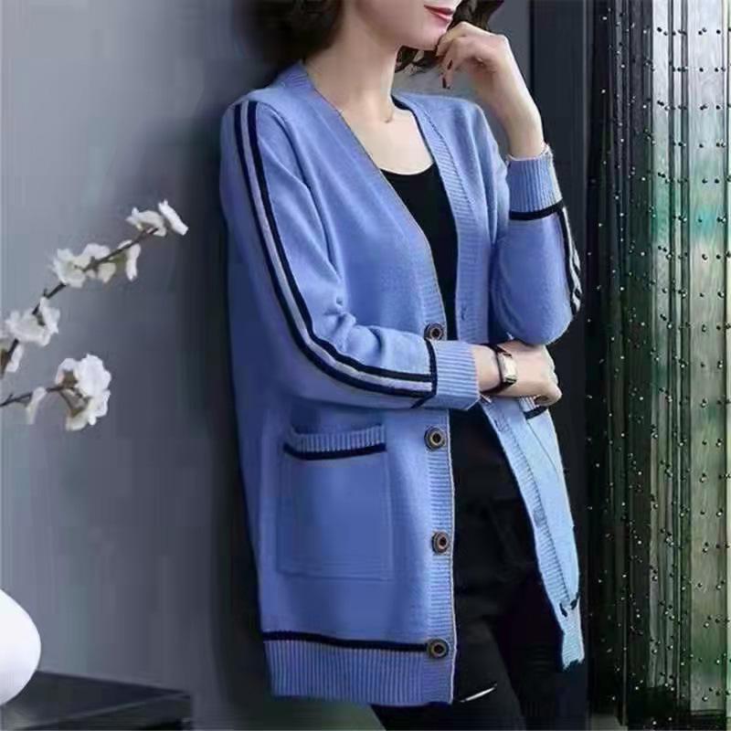 

Женский трикотажный кардиган с V-образным вырезом на осень и зиму, с длинными рукавами, свободный, средней длины, в полоску 3XL небесно-голубой