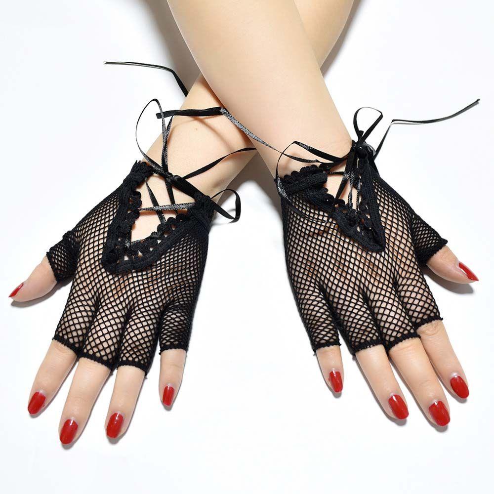 Breathable Girls Black Punk Mesh Lace Women Fishnet Gloves Fingeless Mittens Long Gloves Net Mitten