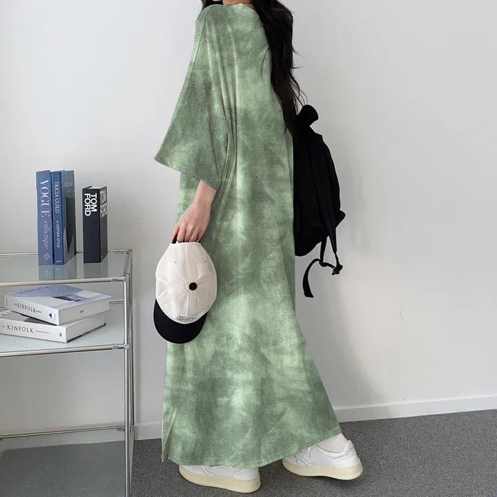 Korean Retro Tie-Dye Letter Print Slimming Casual Mid-Length T-Shirt Dress