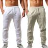 Men Solid Color Mid Rise Elastic Pockets Drawstring Long Pants Breathable Trousers
