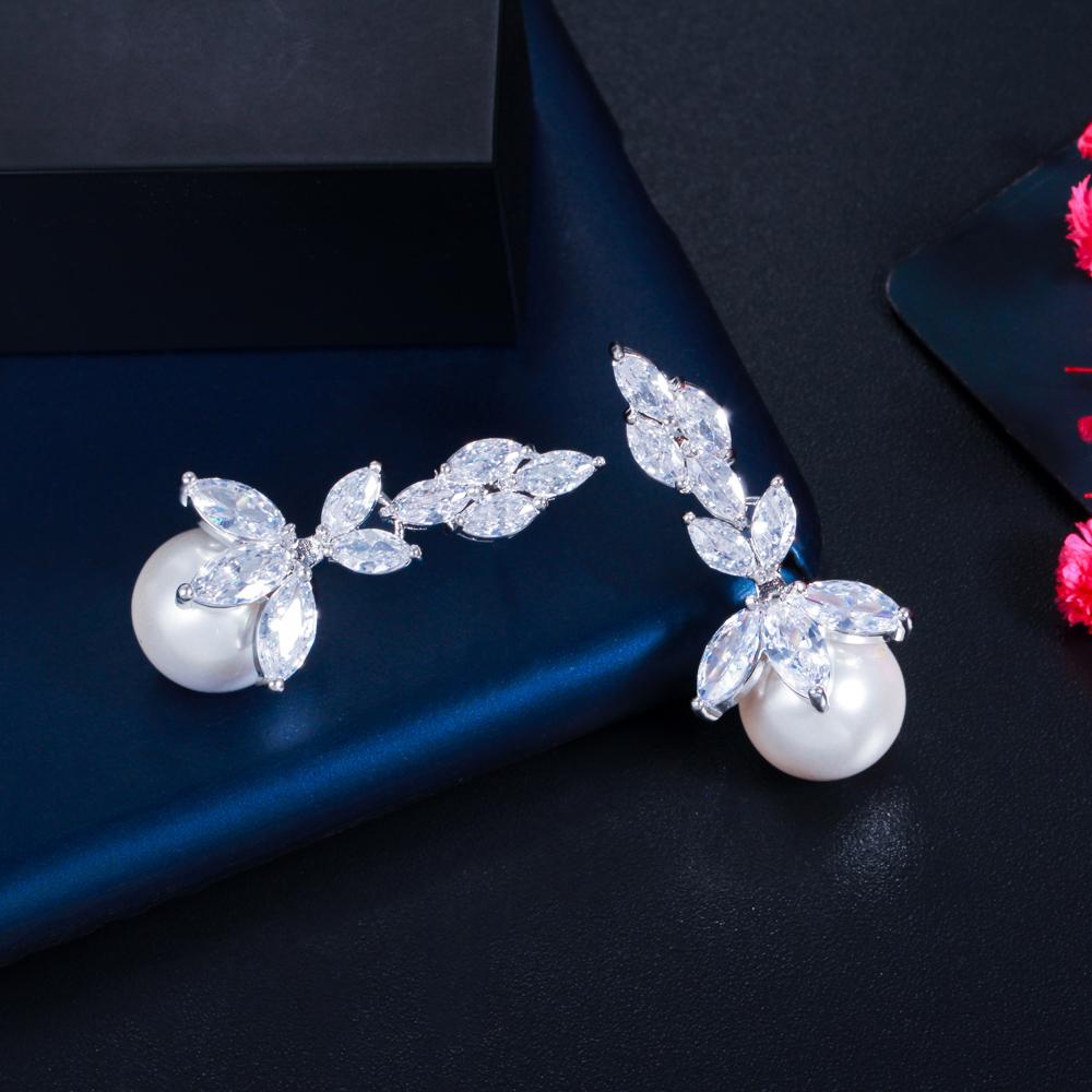 Ircons Top Quality Bling Marquise Cut Cubic Zirconia Stone Big Wedding Party Pearl Drop Earrings Jewelry for Women CZ131