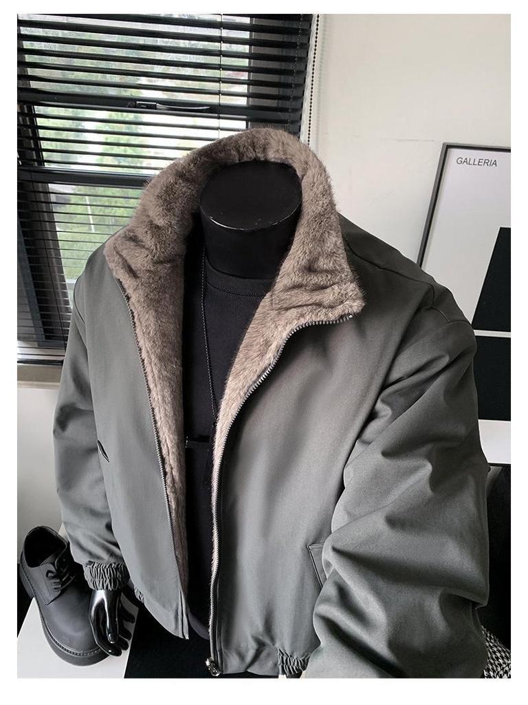 Men's Two-Sided Silver Blue Fox-Cotton Jacket with Fishbone Pattern - Thickened, Plus Velvet for Winter Warmth