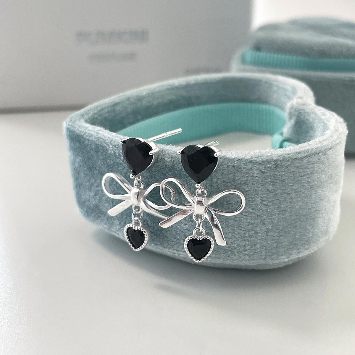 

925 серебряные иглы милые и прохладные черные циркониевые серьги-гвоздики любовь женские нишевые дизайнерские серьги-бантики высокого класса с бахромой 925 silver needle