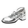 Silver single shoes retro square head Mary Jane shoes college style small leather shoes elegant