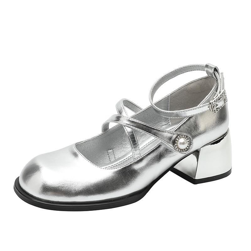 Silver single shoes retro square head Mary Jane shoes college style small leather shoes elegant