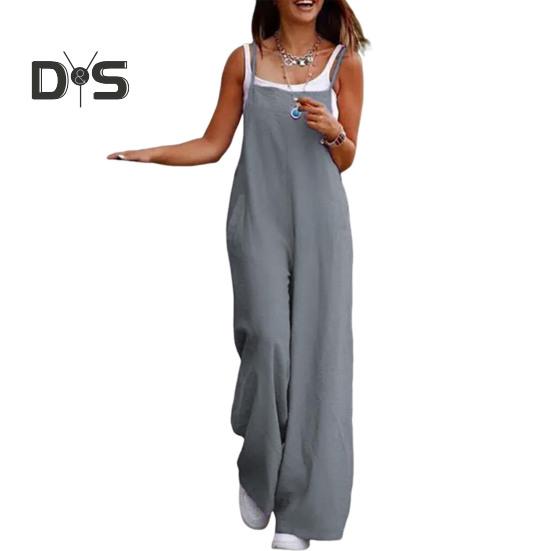 Damen-Jumpsuit, kragenlos, Spaghettiträger, rückenfrei, ärmellos, locker, weites Bein, volle Länge, Overall, lässiges Alltagsoutfit