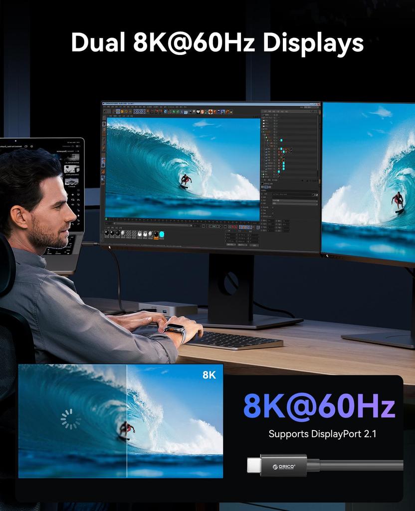 ORICO 80Gbps Bidirectional 120Gbps Unidirectional Dual Video 240W Fast 2M Thunderbolt USB4 Device Compatible USB-C Cable, 8K@60Hz Support, Charging,