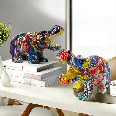 Nordic Creative Colorful Big Mouth Hippo Ornaments Home Living Room Office Desktop Animal Resin Craft Decoration