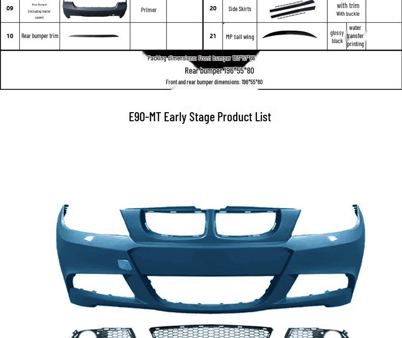 BMW 3 Series E90 2005-2012 MT Sport Front/Rear Bumpers, Grille, Side Skirts, Fog Lights
