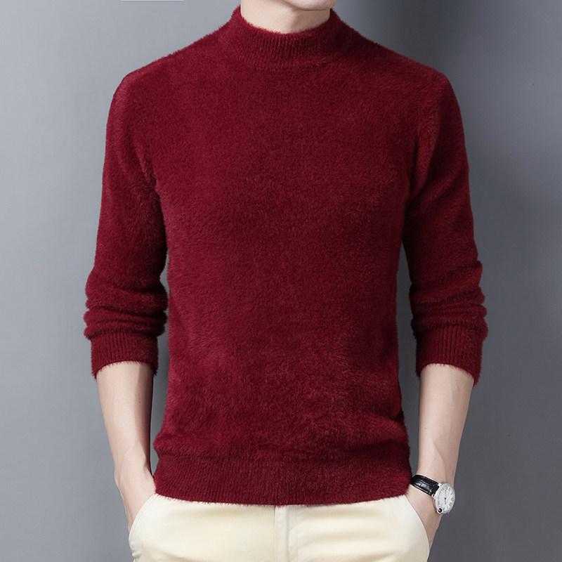 Men's Thickened Imitation Golden Mink Cashmere Sweater, Medium High Neck, Korean Style Trend, Warm Autumn Winter Knit Top