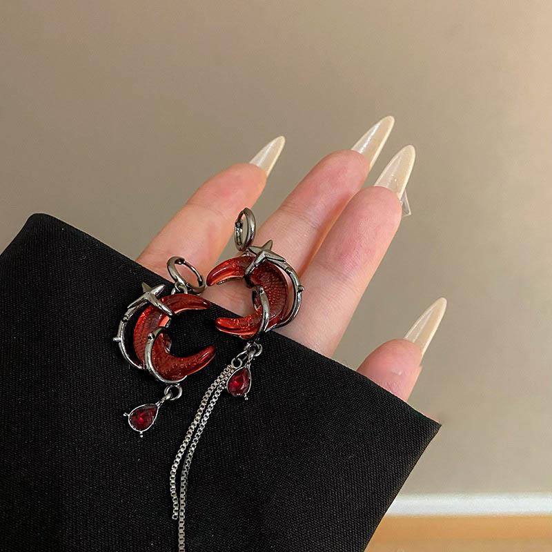 Roter Mond Edelstein Asymmetrische Ohrringe Persönlichkeit Hip-Pop Gothic Dark Ohr Anhänger Quaste Kette Eardrop Weit Schnalle Schmuck Zubehör