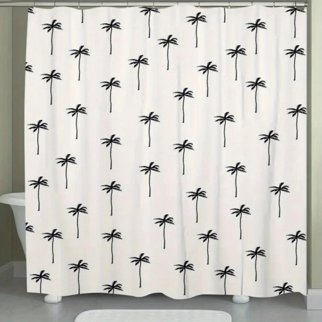 Black Palm Tree Curtain - Polyester, Ultra-Wide Rings, Machine Washable, Modern Design