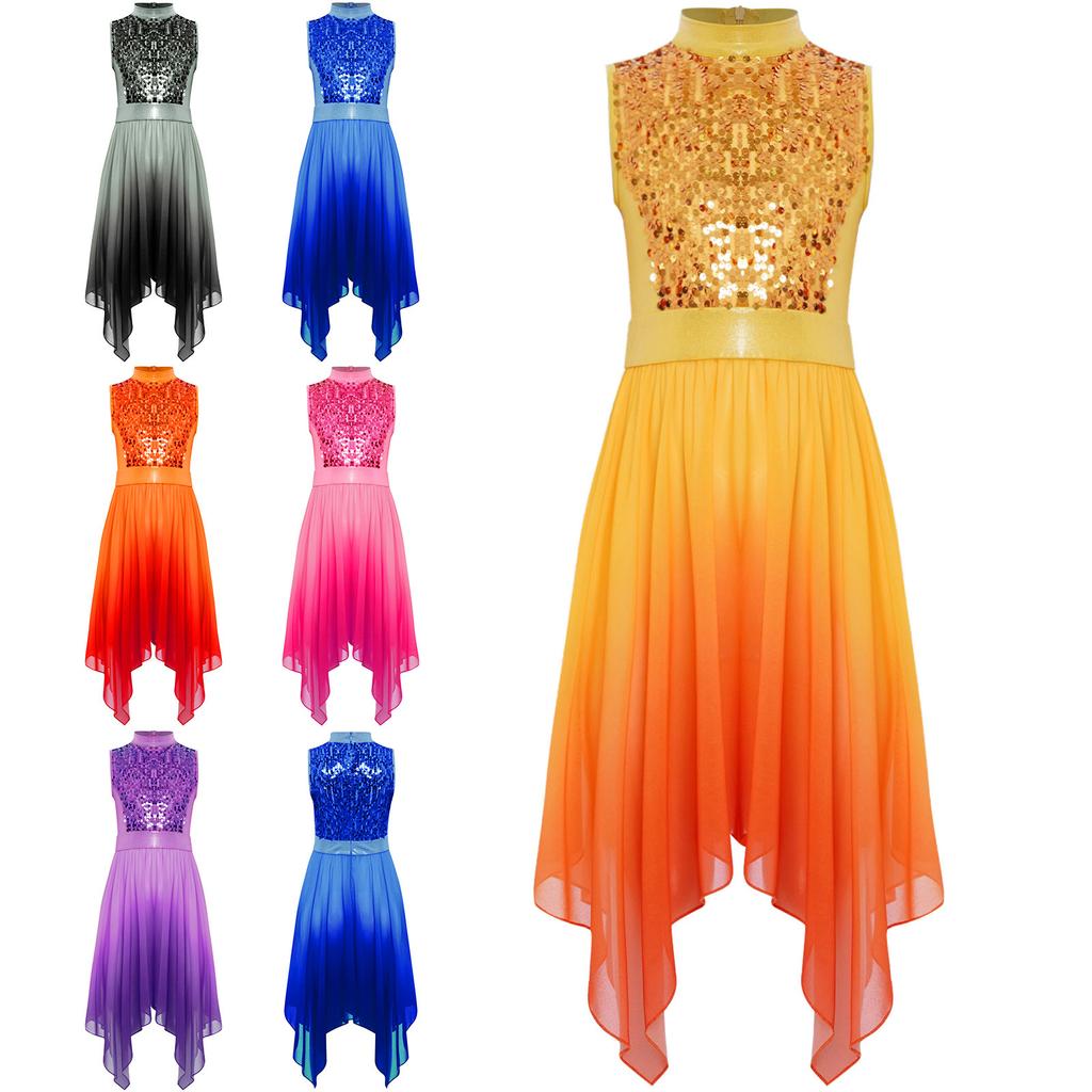 Girls Liturgical Dance Dress - Sleeveless Mock Neck Tunic with Asymmetrical Hem & Shiny Sequins for Worship Performance