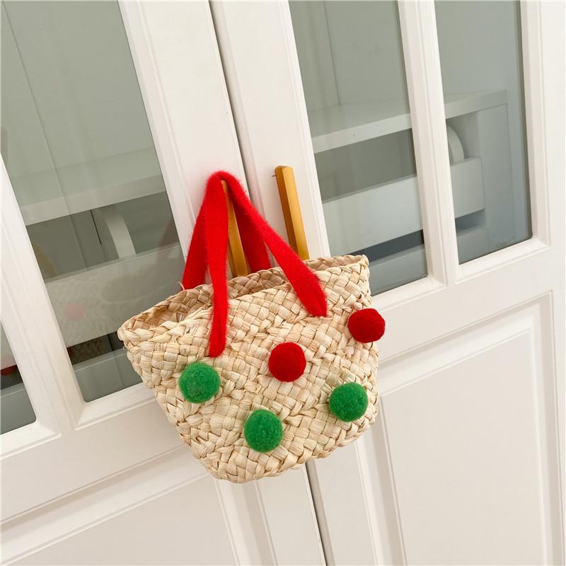 

Lovely Children s Straw Handbag Cute Girls Mini Bag With Pom Poms Perfect For Summer Outings Red Strap