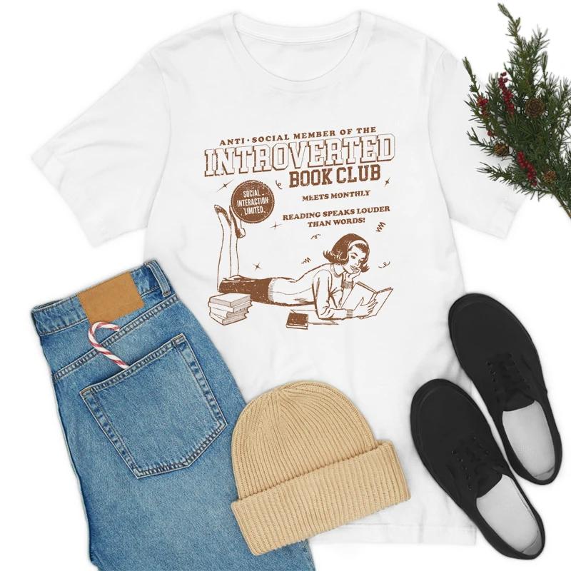 Introverted Book Club Retro TShirts Cute Aesthetic Bookish T Shirt Bookworm Graphic Tees Women Vintage Tops Book Lover Gifts S