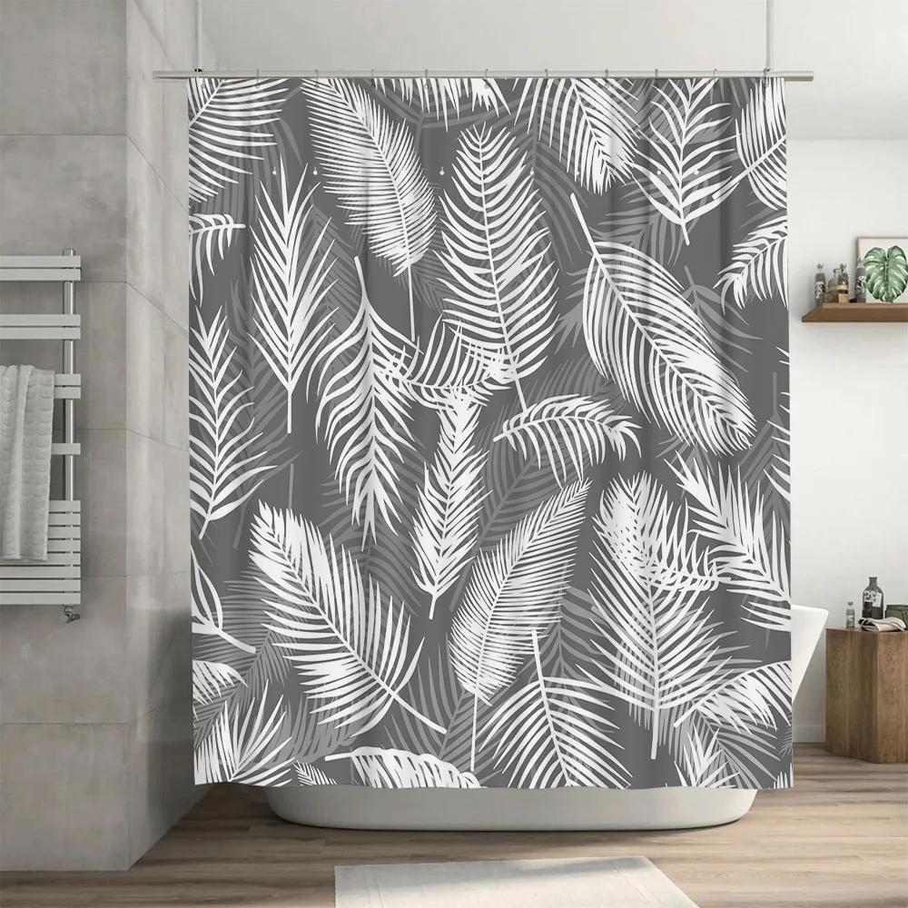 White Palm Tree Print Shower Curtain Modern Bathroom Decor Waterproof Fabric for Bathrooms