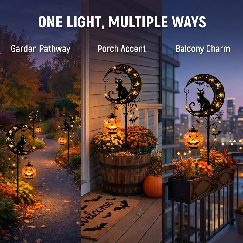Iron Black Cat Moon Ground Lamp Waterproof Solar Garden Light Auto On/Off for Outdoor Lawns Courtyards Yards Patio Pathway Halloween Decor