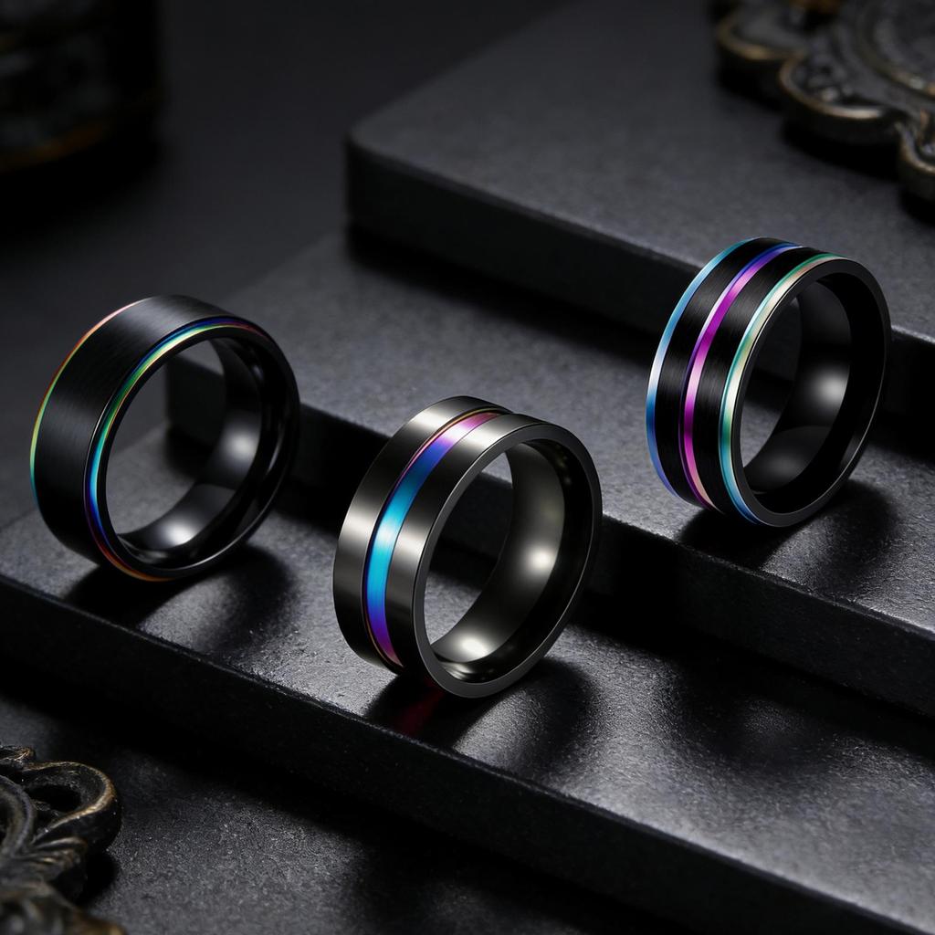 Europäisch-Amerikanische Mode Schwarz & Farbe Durchsetzt Titanstahl Mattierter Ring Schmuck