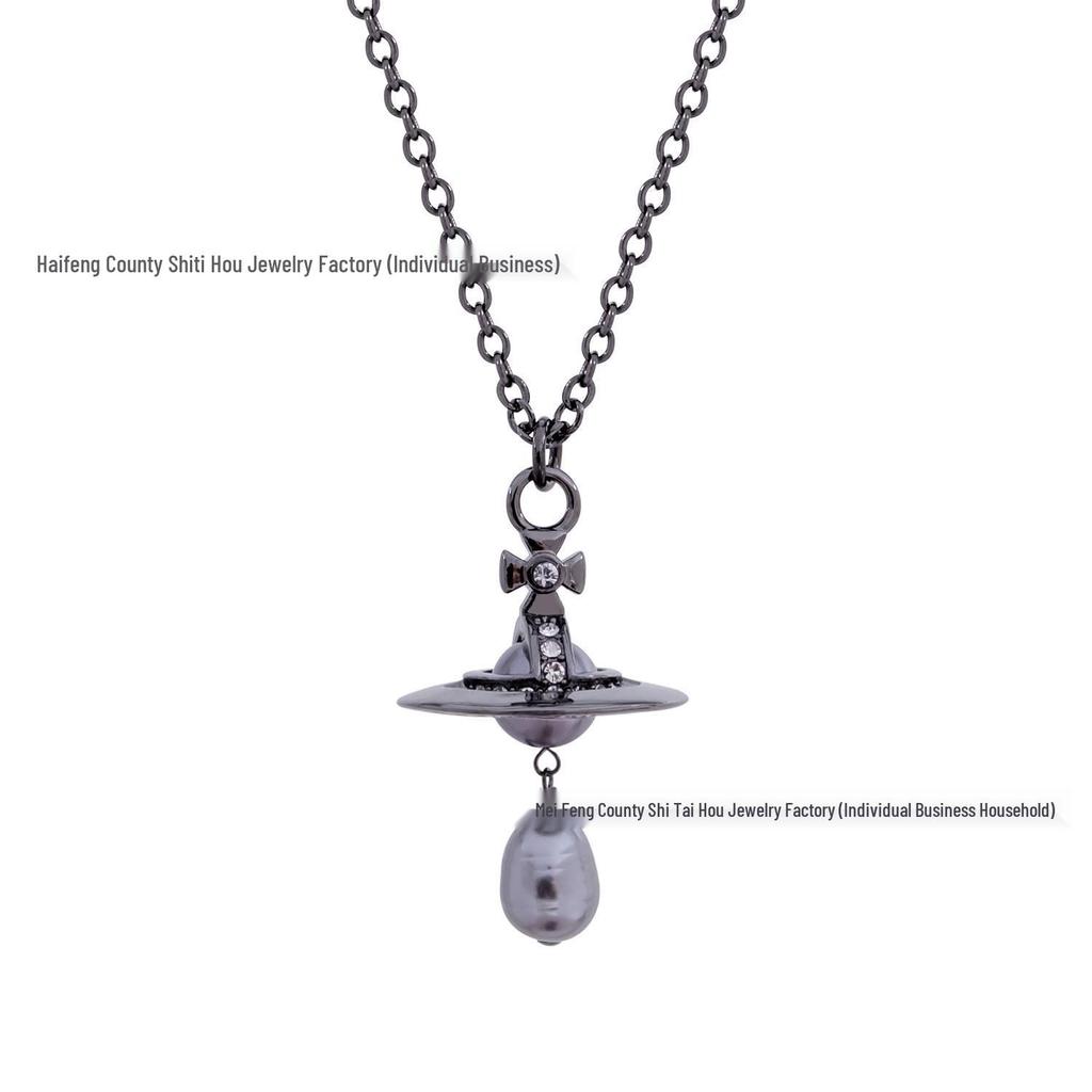 Empress Dowager 3D Saturn Baroque Pearl Teardrop Pendant Necklace - European & American Punk Clavicle Chain.