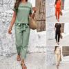 2 Pcs/Set Women Top Pants Suit Hollow O Neck Short Sleeves Pockets